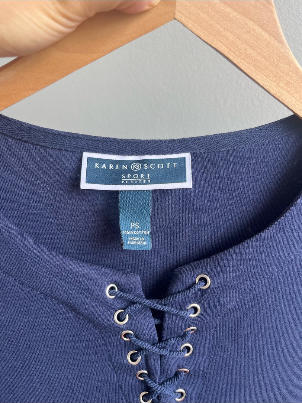 Karen Scott Navy Blue Lace-Up Shift Dress | Short Sleeve Knit Cotton Dress Sz S - Picture 5 of 7
